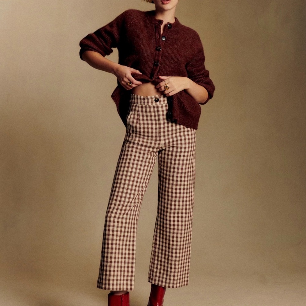 Sezane Brown and Cream Checkered Cropped Pants